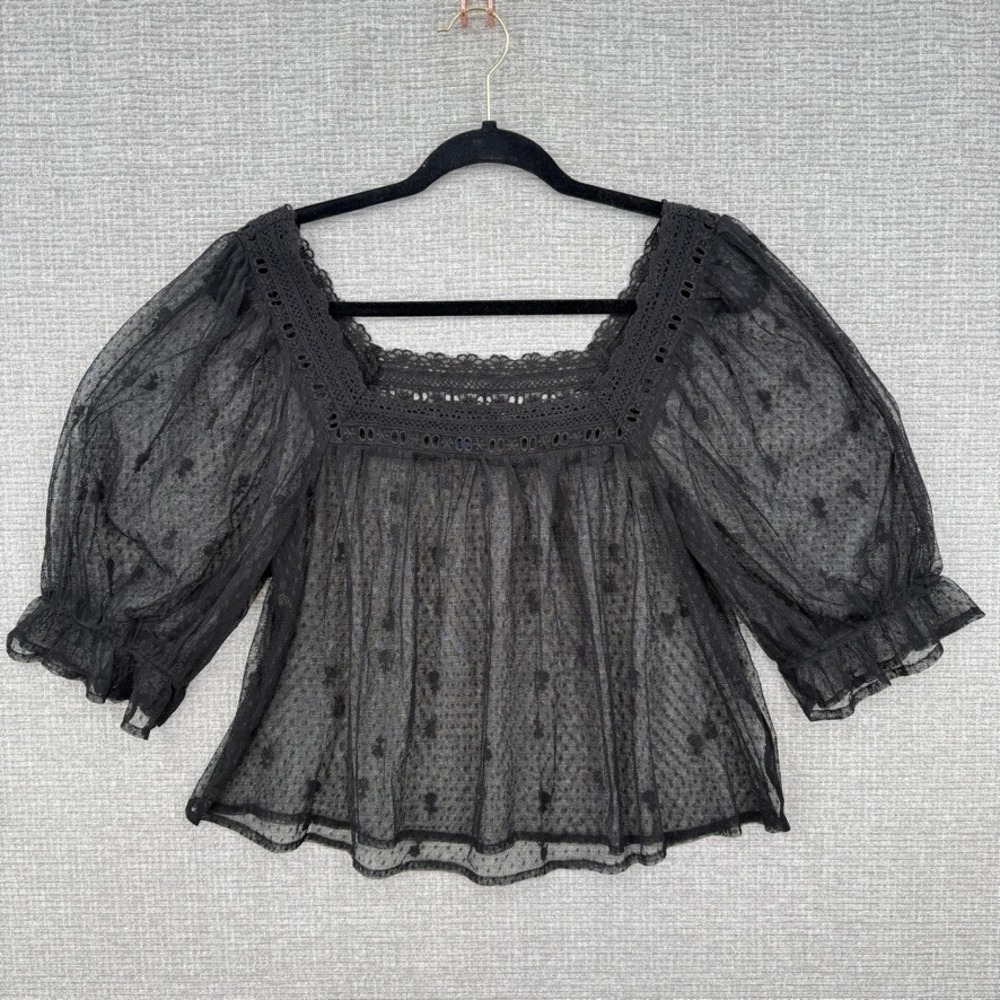 Gap Sheer Mesh Lace Square Neck Top Women M Black Puff Sleeve Coquette Boho